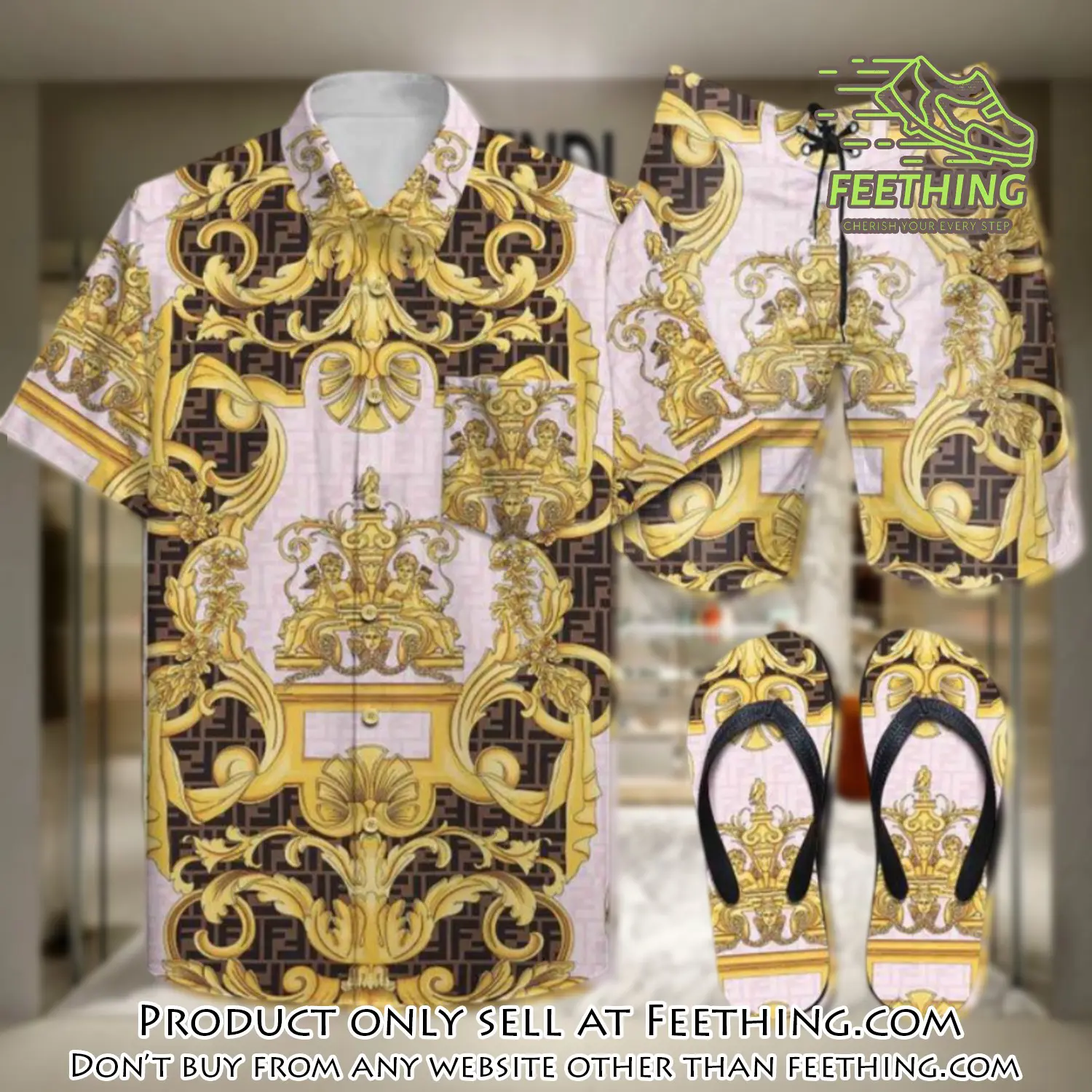 Fendi summer outfitsace flip flops and combo hawaii shirt shorts luxury brand summer outfit hsf318 ft4942883